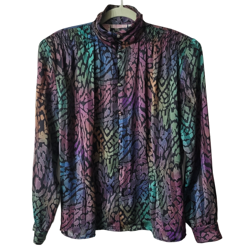 Tess Paris-Milano Vintage Casual Button Down Shirt with Iridescent Animal Print